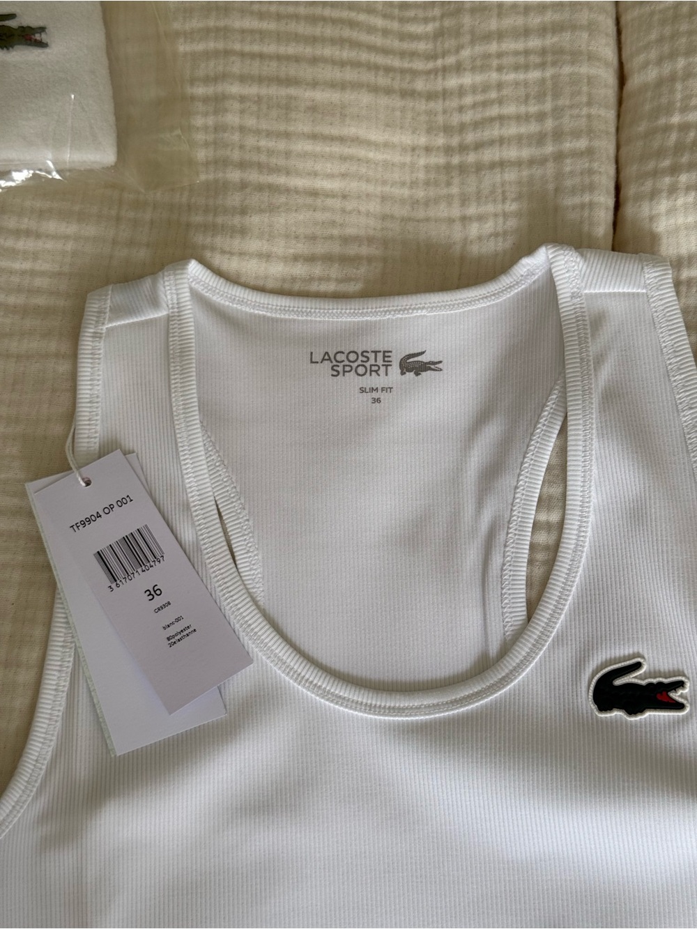 Lacoste White Ribbed Logo Tank Top